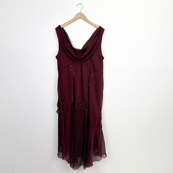 Alex Evenings Women’s Plus Size Burgundy Maroon Drape Beaded High Low Hem Dress - Picture 2 of 16